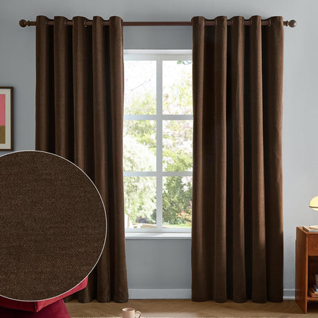 Chocolate brown soft chenille lined eyelet curtains hanging either side of a window in a living room, with a fabric texture close-up inset.