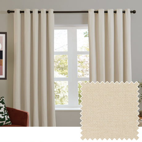 Ecru chenille eyelet curtains hung on a dark rod in a living room window, shown with a swatch of the plain, softly textured fabric.