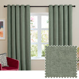 Green eyelet curtains in soft chenille fabric hung on a black rod in a living room, shown with a red velvet armchair and a close-up swatch of the textured weave.