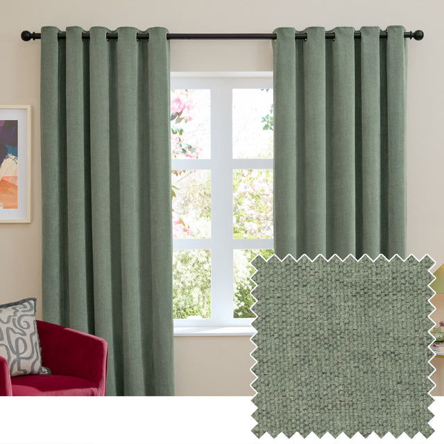 Green eyelet curtains in soft chenille fabric hung on a black rod in a living room, shown with a red velvet armchair and a close-up swatch of the textured weave.