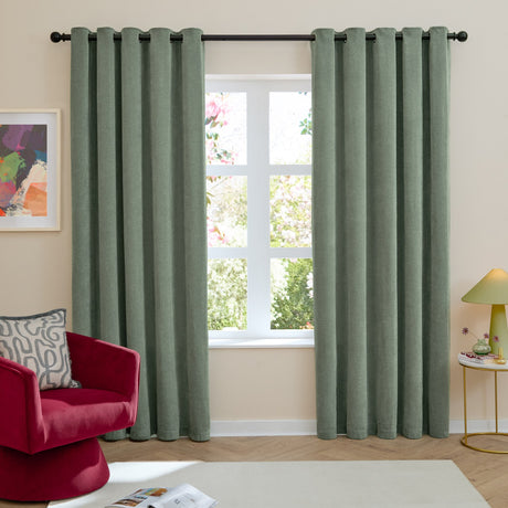 Soft Chenille Plain Lined Eyelet Curtains - Green