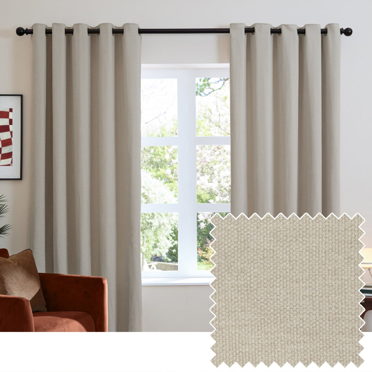 Natural chenille eyelet curtains hung on a black rod in a living room, shown with a woven fabric swatch highlighting the soft, textured pile.