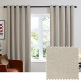 Natural chenille eyelet curtains hung on a black rod in a living room, shown with a woven fabric swatch highlighting the soft, textured pile.