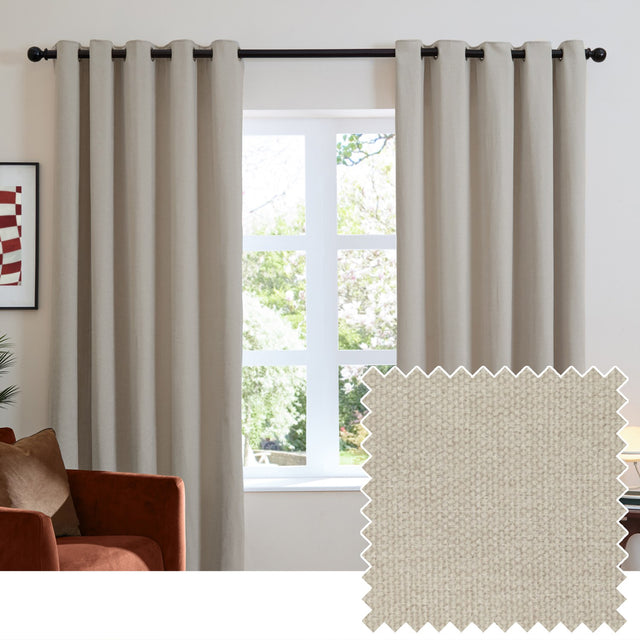 Natural chenille eyelet curtains hung on a black rod in a living room, shown with a woven fabric swatch highlighting the soft, textured pile.