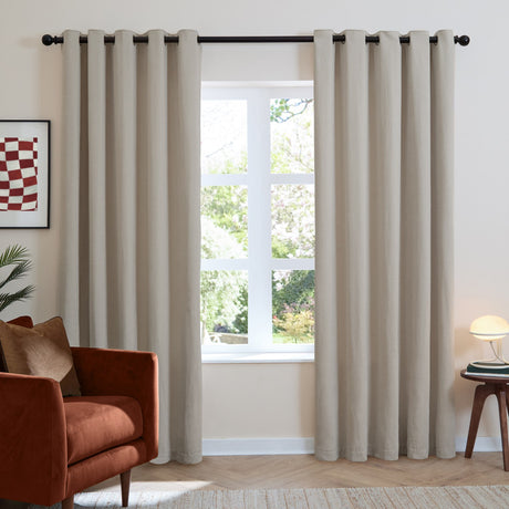 Soft Chenille Plain Lined Eyelet Curtains - Natural