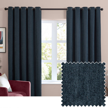 Navy chenille eyelet curtains hung on a black rod in a living room, with a fabric swatch inset showing the matte woven texture.