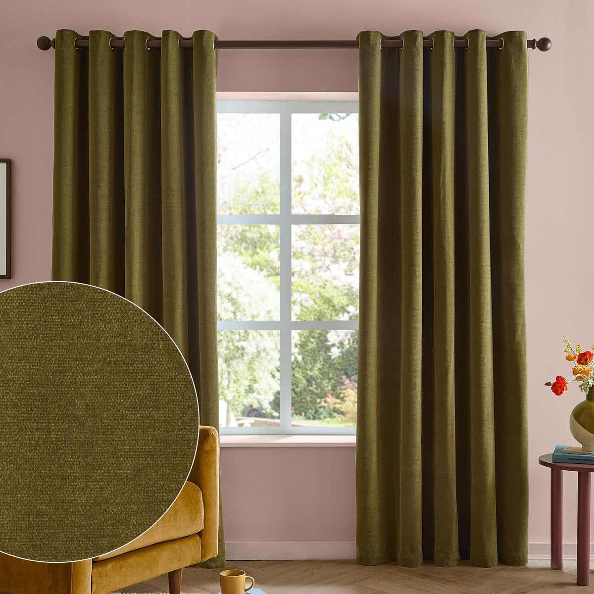 Olive green chenille eyelet curtains with metal grommets hung on a rod in a living room window, shown with a fabric texture swatch inset.