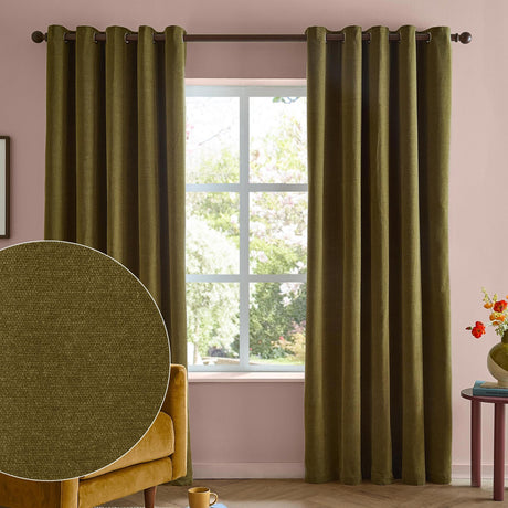 Olive green chenille eyelet curtains with metal grommets hung on a rod in a living room window, shown with a fabric texture swatch inset.