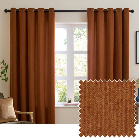 Rust chenille eyelet curtains hanging on a black rod either side of a window in a living room, with a fabric texture swatch shown inset.