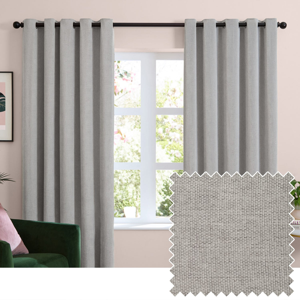 Silver grey chenille eyelet curtains hanging from a black rod in a living room window, shown with a fabric swatch of the plush woven texture.