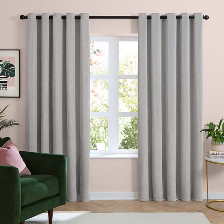 Soft Chenille Plain Lined Eyelet Curtains - Silver