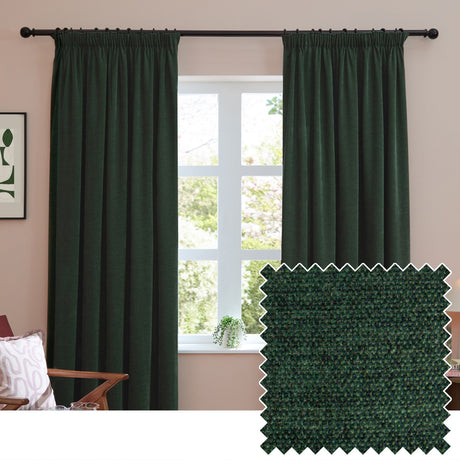 Bottle green pencil pleat curtains in soft chenille hang either side of a window in a living room, with a fabric swatch inset showing the dense, flecked weave.