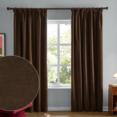Chocolate brown chenille pencil pleat curtains with tape header hanging beside a window in a living room, with a fabric texture close-up inset showing the matt woven polyester finish.