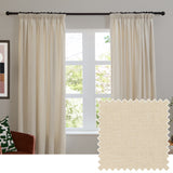Ecru pencil pleat curtains in soft chenille polyester fabric, shown either side of a window with a black curtain pole, alongside a fabric swatch sample.