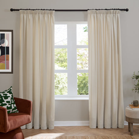 Soft Chenille Plain Polyester Pencil Pleat Curtains - Ecru