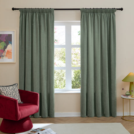 Soft Chenille Plain Polyester Pencil Pleat Curtains - Green