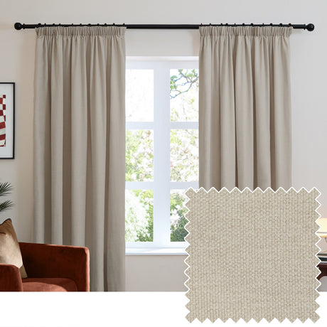 Natural beige chenille pencil pleat curtains hanging in a living room beside a window, with a fabric swatch inset showing the woven polyester texture.