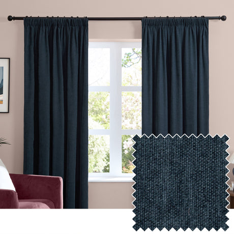 Navy chenille pencil pleat curtains hanging either side of a window in a living room, with a fabric swatch inset showing the textured woven polyester finish.