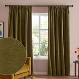 Olive green chenille pencil pleat curtains hanging beside a window in a pink-walled living room, shown with a fabric texture swatch and mustard velvet chair.