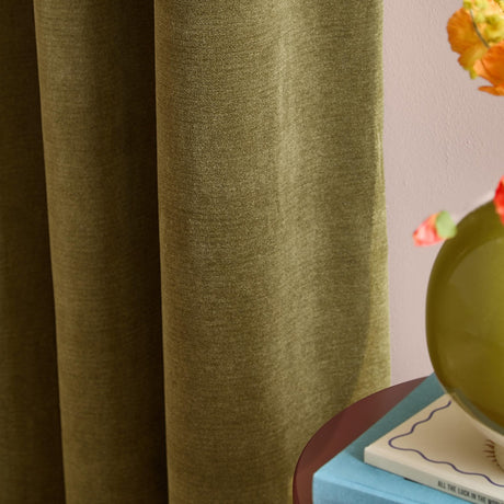 Soft Chenille Plain Polyester Pencil Pleat Curtains - Olive