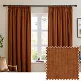 Rust chenille pencil pleat curtains with pinch-pleat heading hung on a black rod in a living room, shown with a fabric swatch inset.