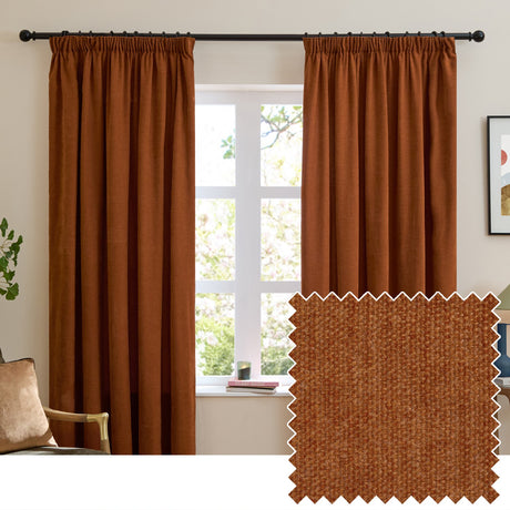Rust chenille pencil pleat curtains with pinch-pleat heading hung on a black rod in a living room, shown with a fabric swatch inset.