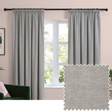 Silver-grey chenille pencil pleat curtains with pencil pleat heading on a black pole, shown in a living room beside a window, with a fabric swatch inset.