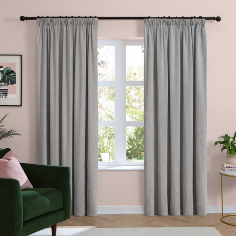 Soft Chenille Plain Polyester Pencil Pleat Curtains - Silver