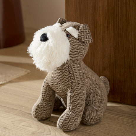 Schnauzer Dog Faux Fur Cotton Door Stop - Brown