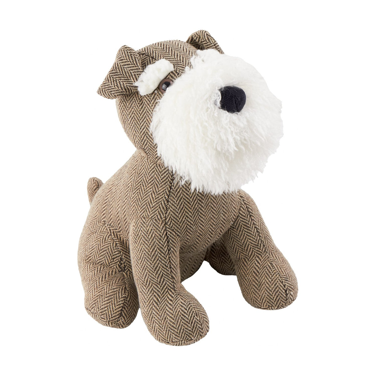 Schnauzer Dog Faux Fur Cotton Door Stop in brown herringbone cotton, sitting upright with pricked ears, short tail, and a white faux fur beard around the muzzle, shown on a plain white background.