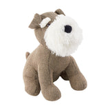 Schnauzer Dog Faux Fur Cotton Door Stop in brown herringbone cotton, sitting upright with pricked ears, short tail, and a white faux fur beard around the muzzle, shown on a plain white background.