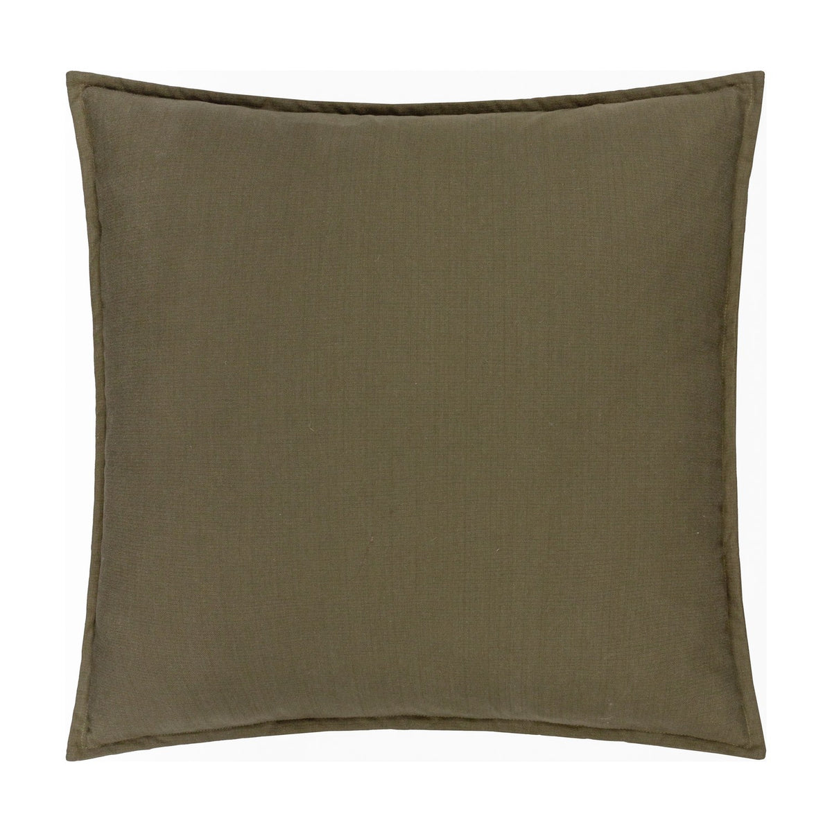 Square slub cotton cushion in Lichen, a muted olive green with a softly textured woven surface and flanged edge, shown on a plain white background.