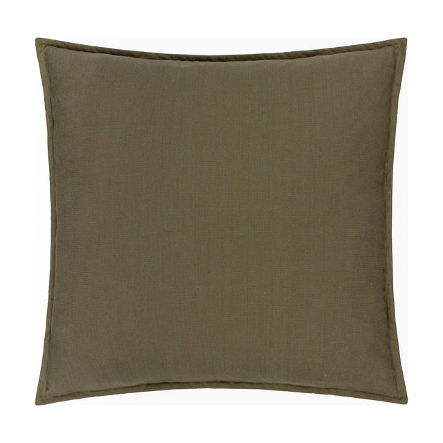 Square slub cotton cushion in Lichen, a muted olive green with a softly textured woven surface and flanged edge, shown on a plain white background.