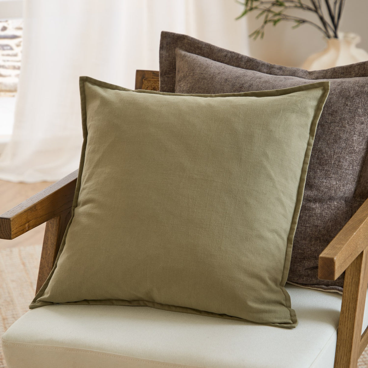 Slub Cotton Woven Plain Cushion - Moss