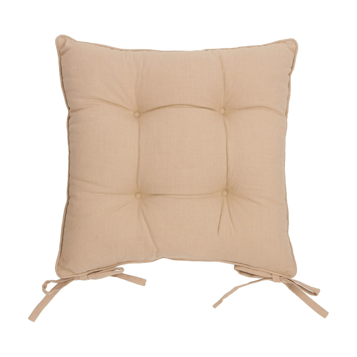 Square beige slub cotton seat pad with piped edge and button-tufted centre, fitted with tie straps at the base corners, shown on a plain white background.