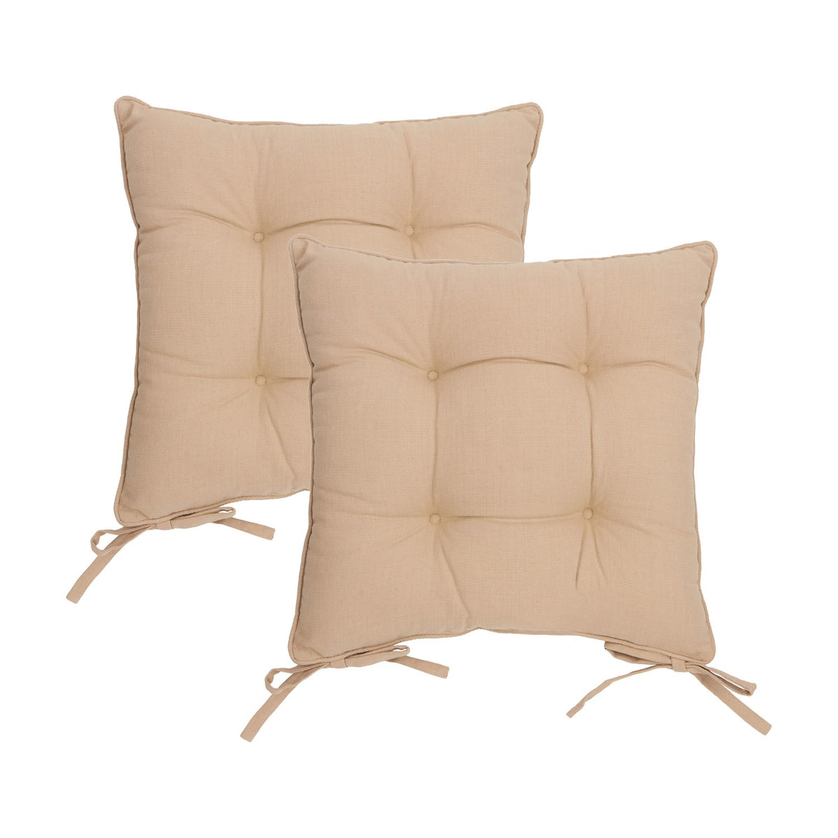 Twin pack of square slub cotton seat pads in beige, each with piped edging and tufted buttons, fitted with corner ties, shown on a white background.