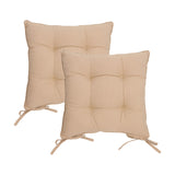 Twin pack of square slub cotton seat pads in beige, each with piped edging and tufted buttons, fitted with corner ties, shown on a white background.