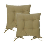 Pair of square slub cotton seat pads in moss green with tufted button detail and corner tie fastenings, shown on a plain white background.