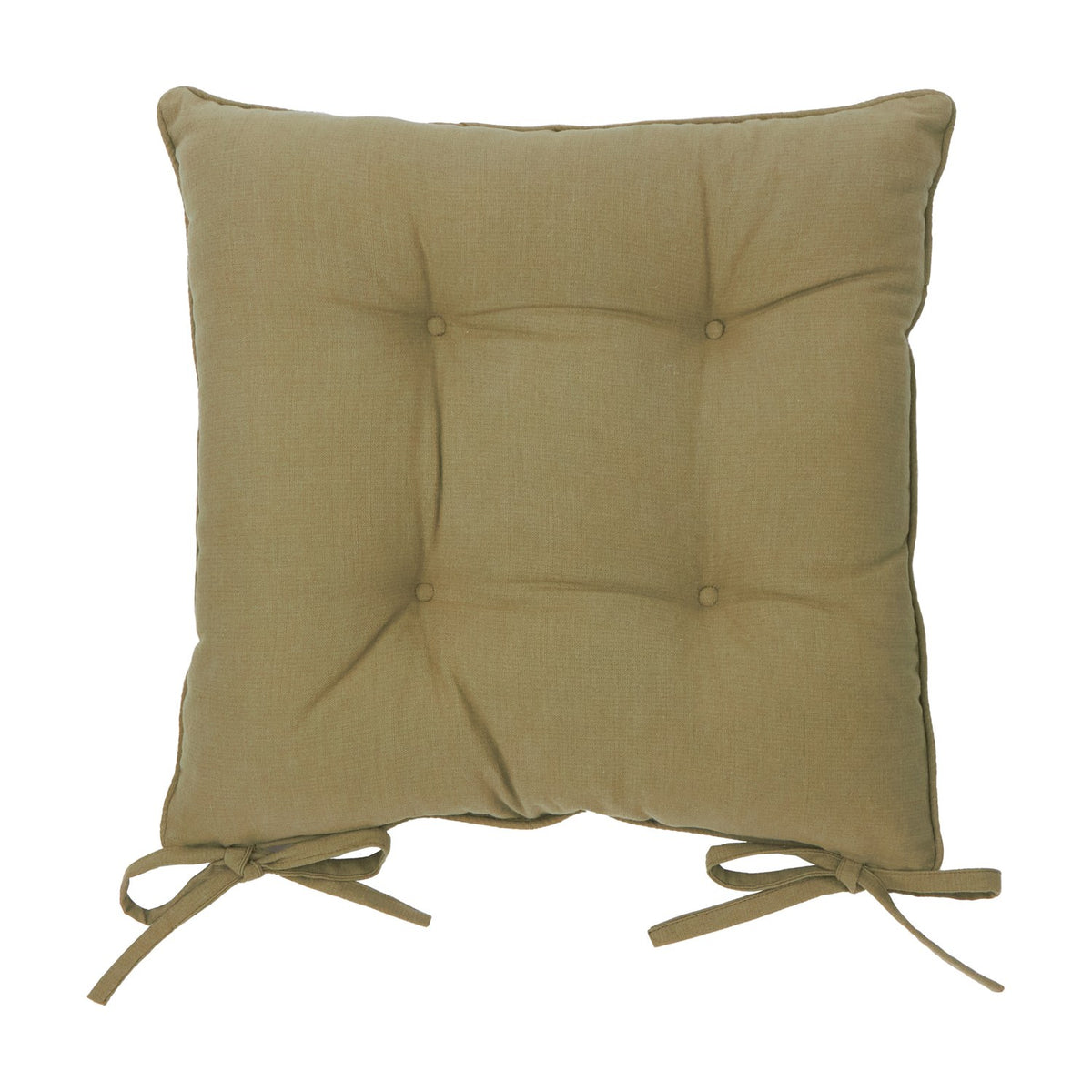 Square slub cotton seat pad in moss green with tufted button detail and corner tie fastenings, shown on a plain white background.