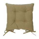 Square slub cotton seat pad in moss green with tufted button detail and corner tie fastenings, shown on a plain white background.