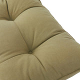 Close-up of a square slub cotton seat pad in moss green with a tufted button centre and plush polyester filling, shown against a plain white background.
