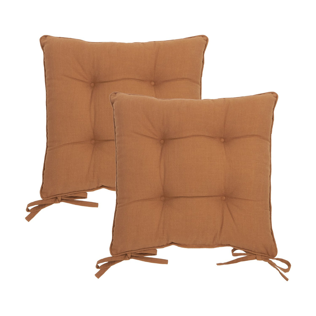 Twin pack of square slub cotton seat pads in toffee brown with tufted button detail and corner tie fastenings, shown on a plain white background.