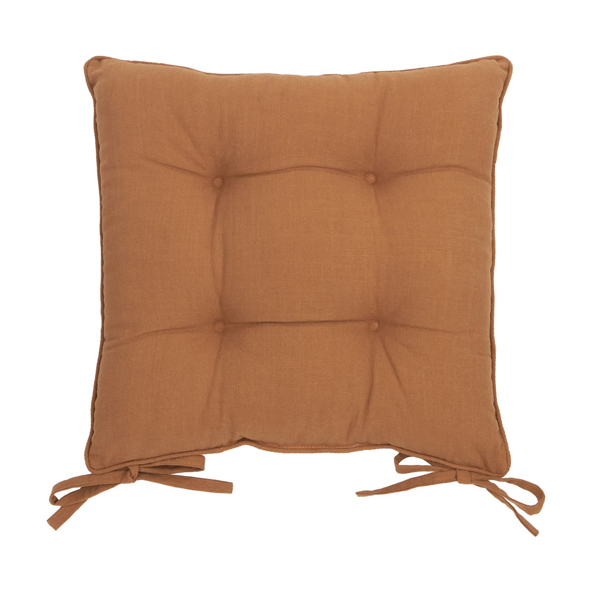 Square slub cotton seat pad in toffee brown with tufted button detailing and tie fastenings, shown on a plain white background.