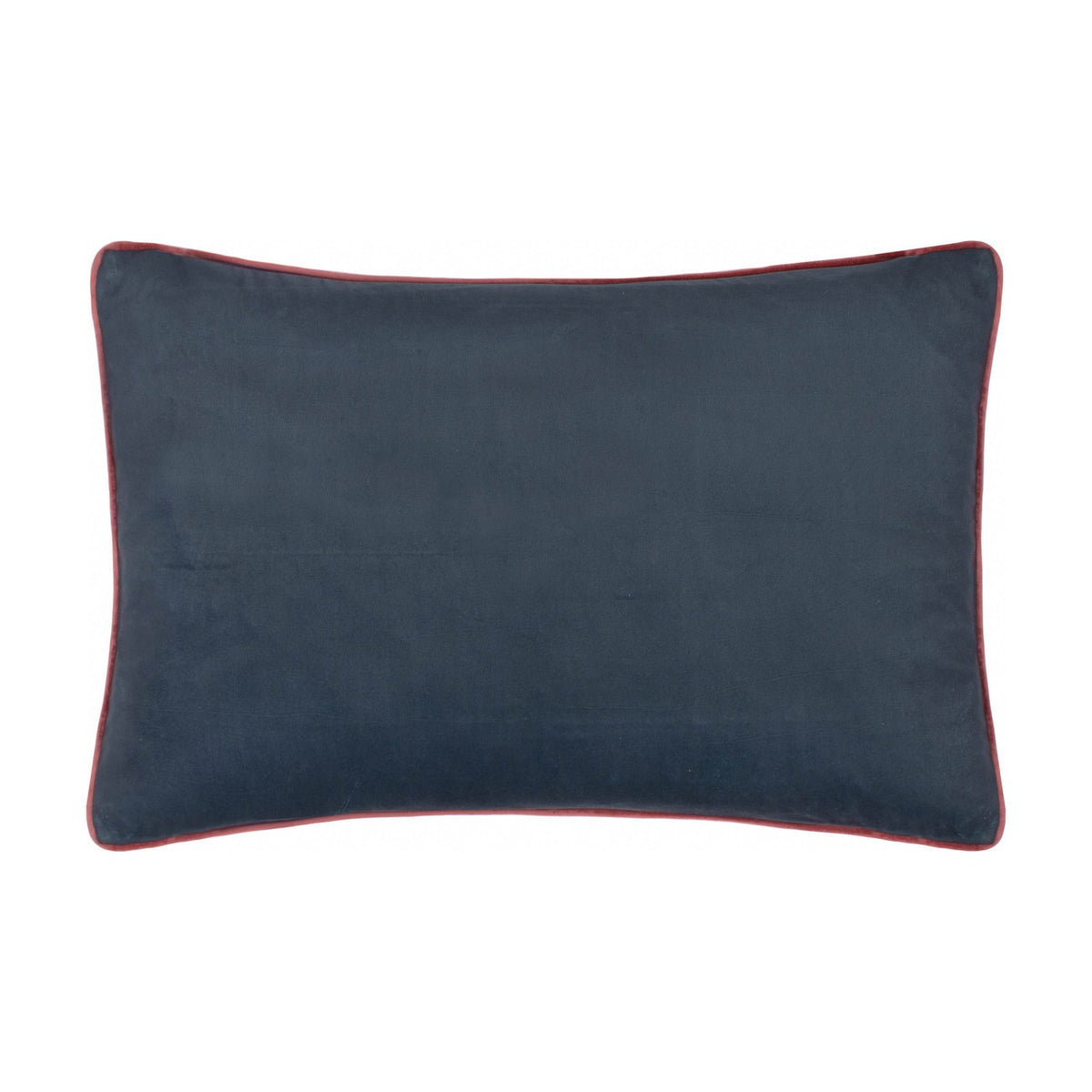 Seaweed Floral Velvet Cushion in Indigo, reverse side shown in plain indigo velvet with red piping trim, rectangular bolster shape on a white background.