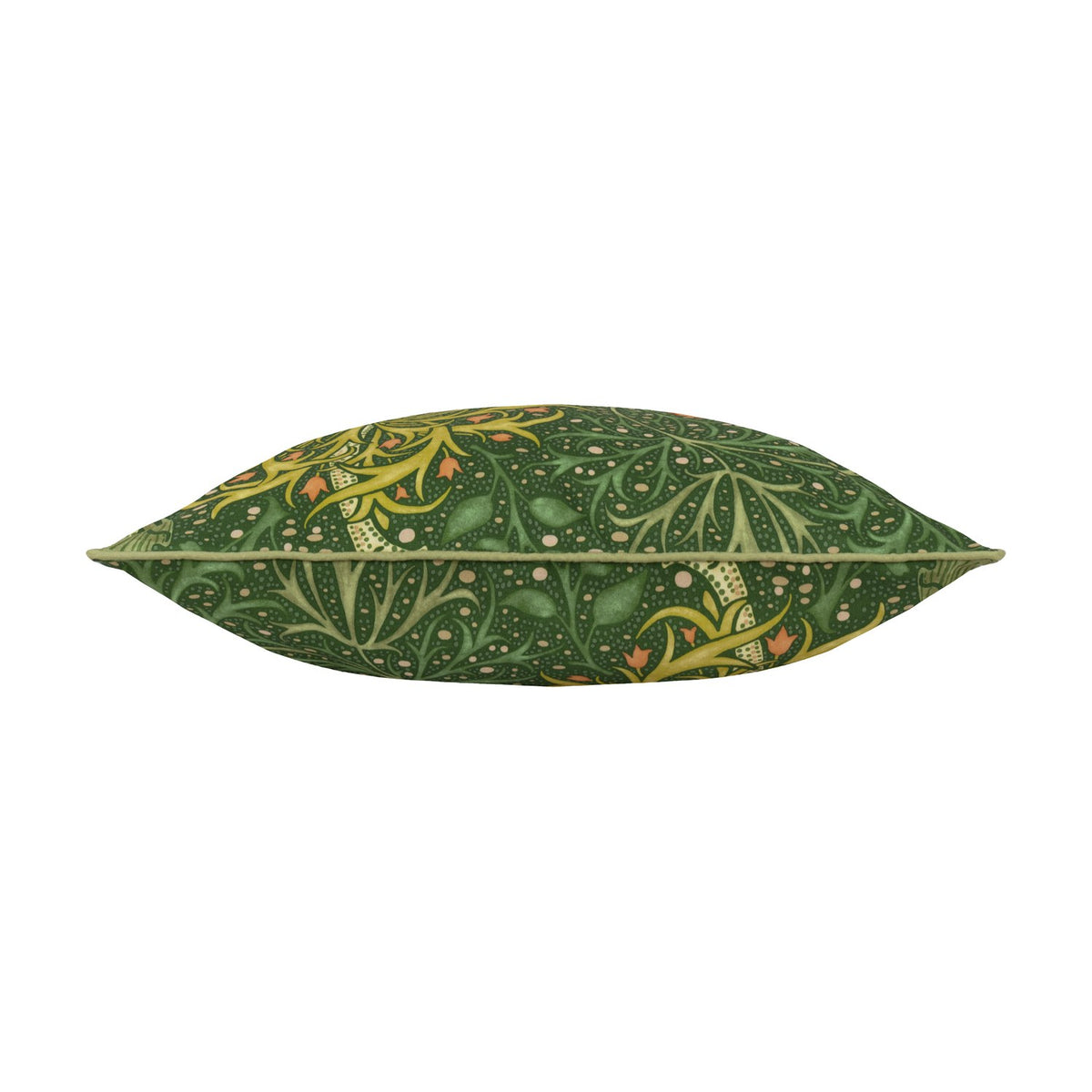 Seaweed Floral polyester cushion in forest green, shown edge-on with piped trim revealing sage foliage and coral floral detailing on a plain white background.