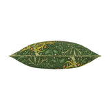 Seaweed Floral polyester cushion in forest green, shown edge-on with piped trim revealing sage foliage and coral floral detailing on a plain white background.