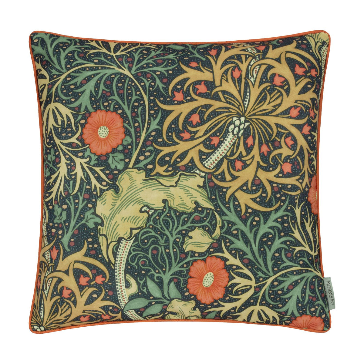Square Seaweed Floral polyester cushion with indigo ground, orange daisy flowers and gold foliage, finished with contrasting orange piping, on a plain white background.