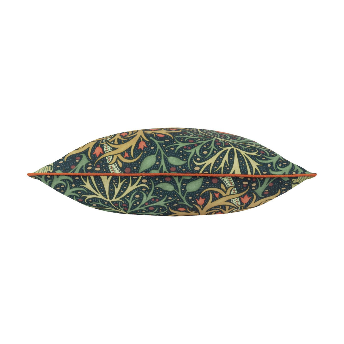Seaweed Floral polyester cushion in indigo, shown side-on with orange piped trim, patterned in curling green and gold foliage with orange floral accents on a white background.