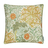 Square polyester cushion in the Seaweed Floral pattern, cream ground with trailing green foliage, gold flowerheads and orange accents, finished with matching piped edging.