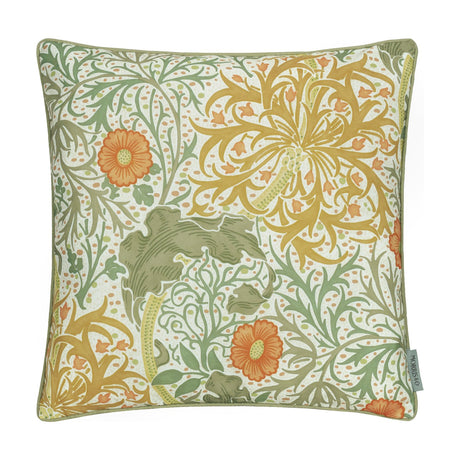 Square polyester cushion in the Seaweed Floral pattern, cream ground with trailing green foliage, gold flowerheads and orange accents, finished with matching piped edging.